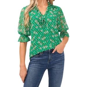 CeCe Women's Split Neck Printed Clip Dot Blouse XL Green
